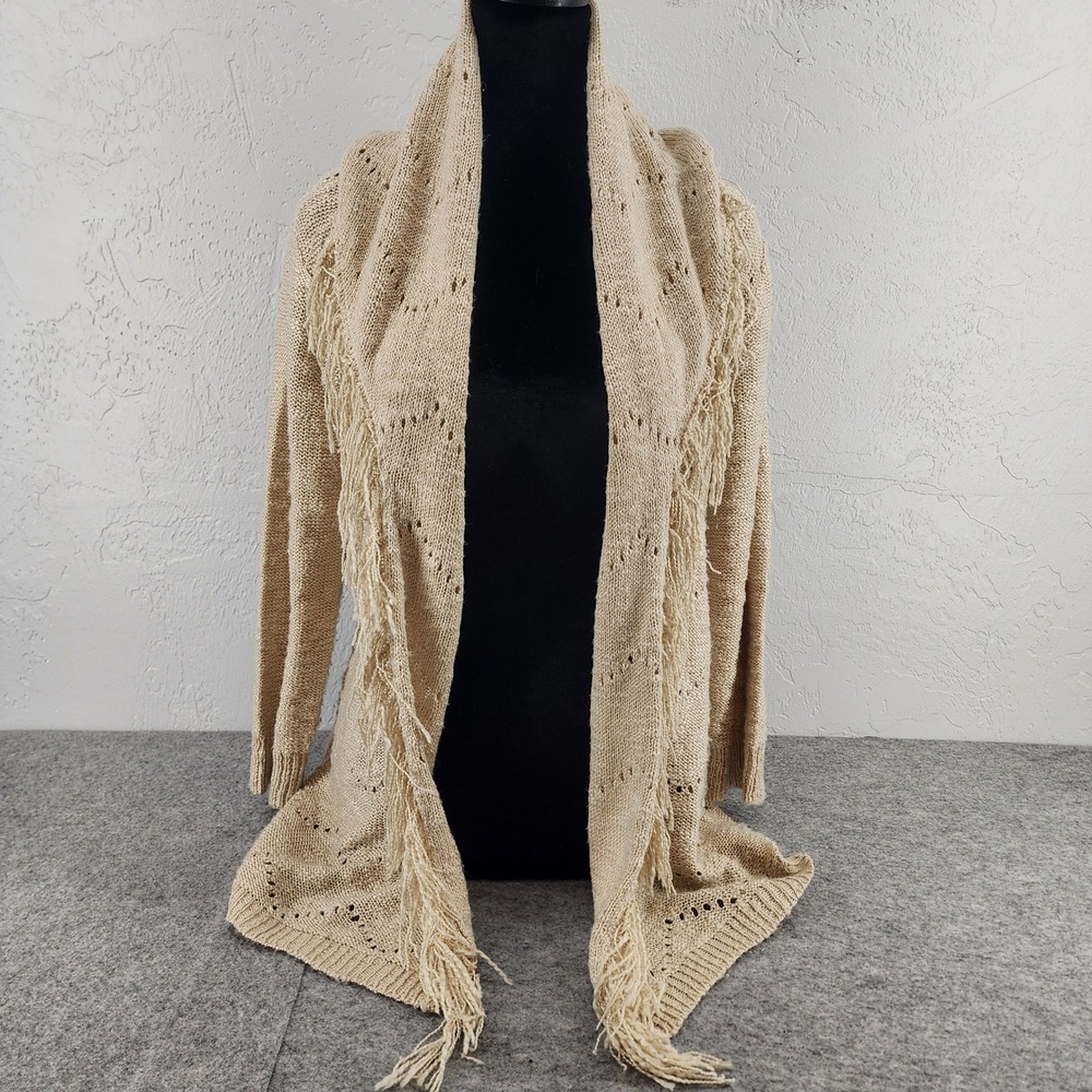 Beige Pointelle Knit Fringe Trim Open Front Cardigan Boho Cottage Womens Large